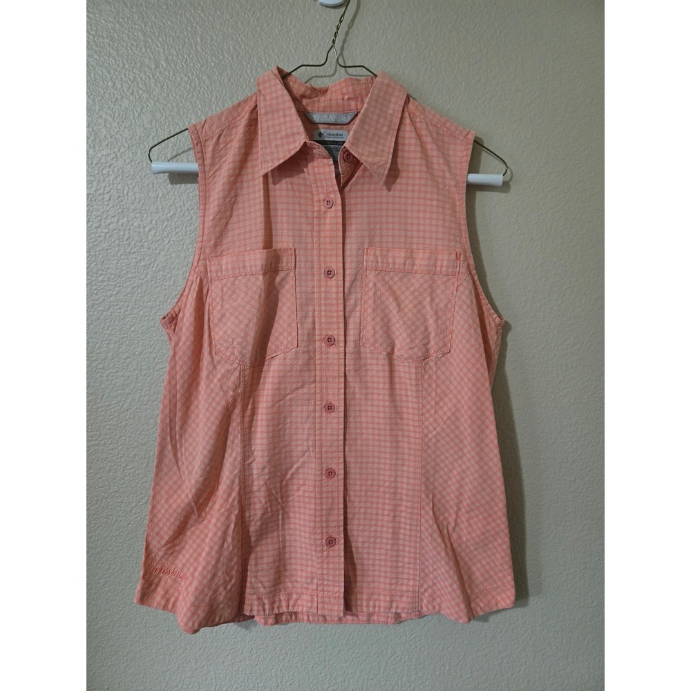 Columbia Titanium Womens Sleeveless Button Up Shirt Coral  Plaid Small